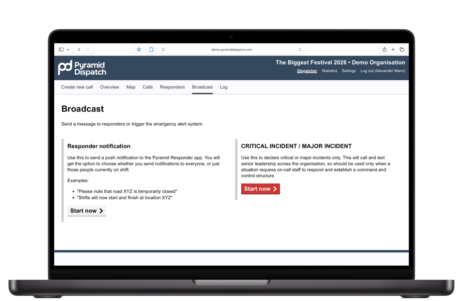 A screenshot of the system's emergency broadcast alert feature