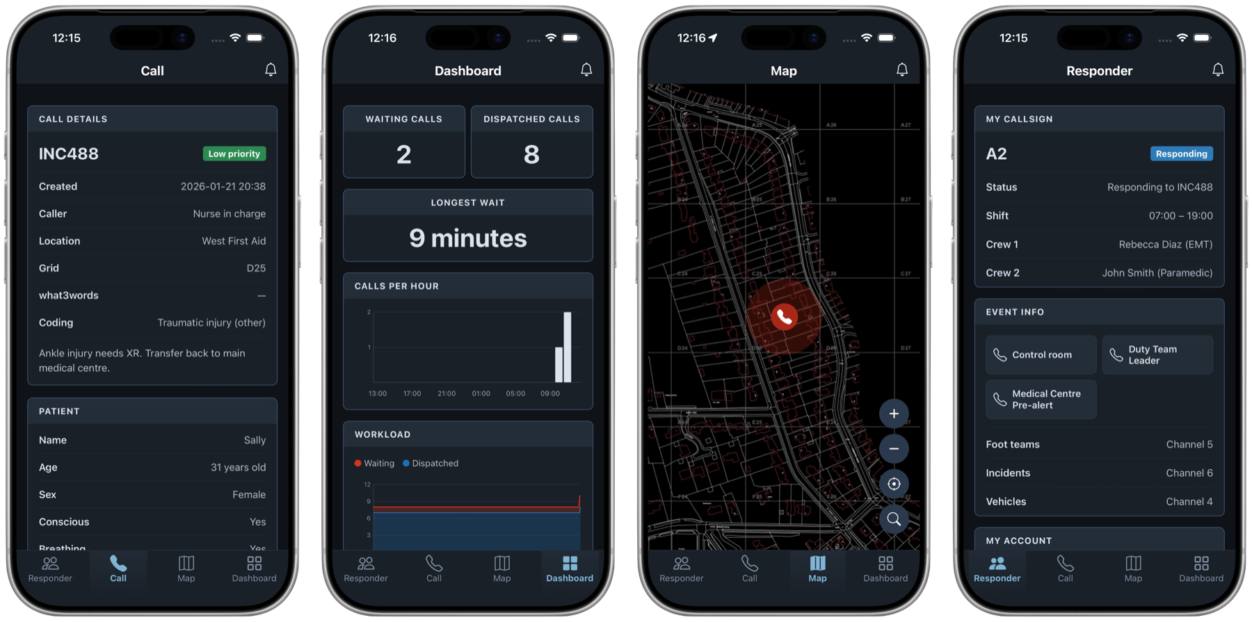 Screenshots of the app in dark mode set against a night-time festival background